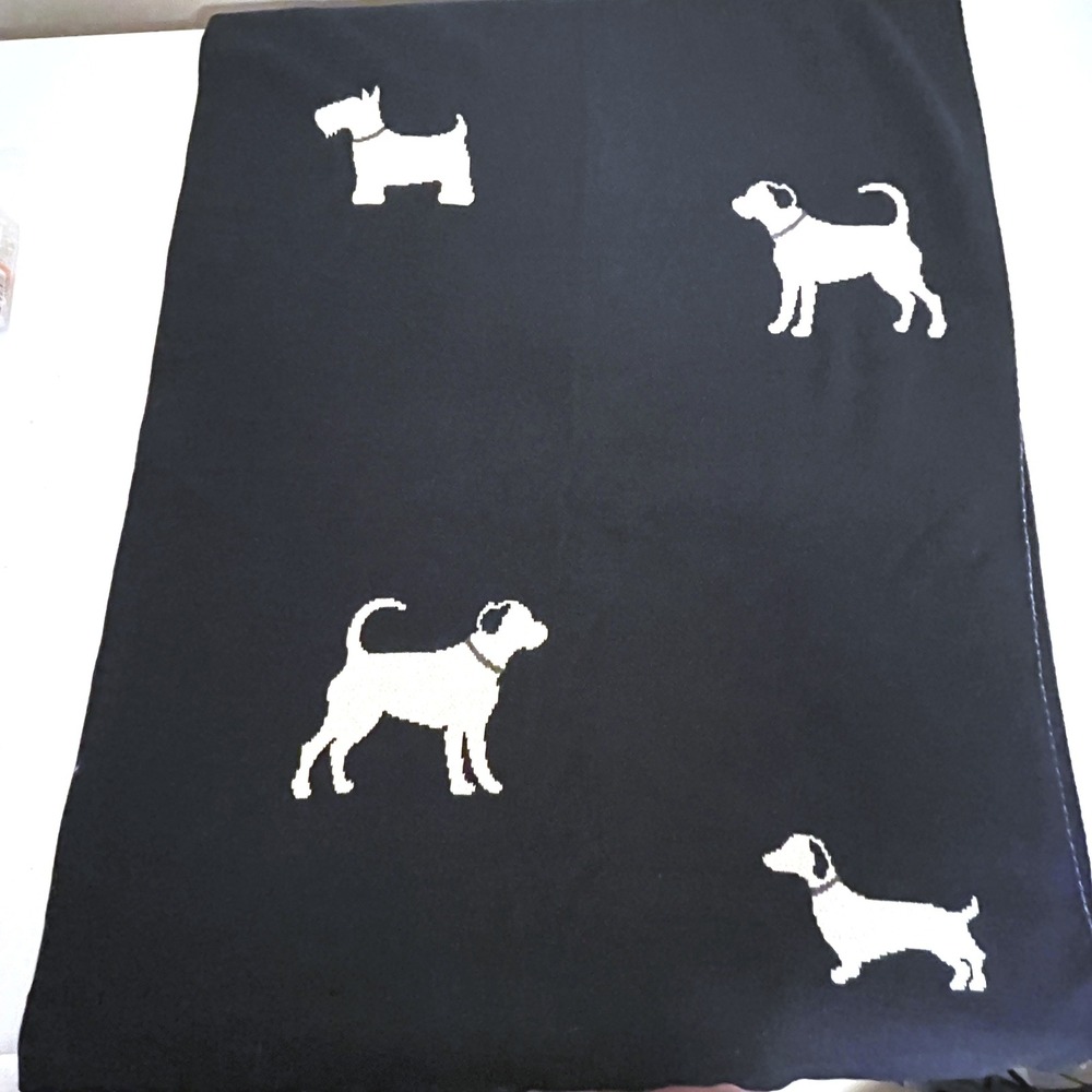 Woven Sweater Knit Throw Blanket Navy & White Dogs Dachshund Terrier Scottish